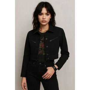Jonny Cota Cropped Black Denim Jacket Women’s XS Rocker Zip Pocket 100% Cotton